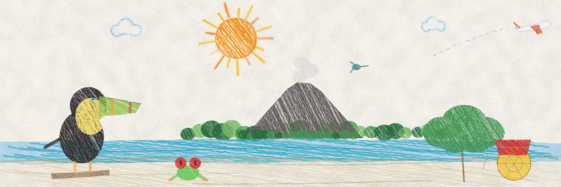Illustrated Costa Rica scene with a toucan, volcano, rainforest and both coastlines